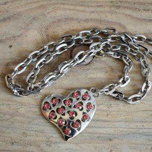 Artisan Created Rhodium Plate Chunky Chain w/ Pink Rhinestone Heart Necklace